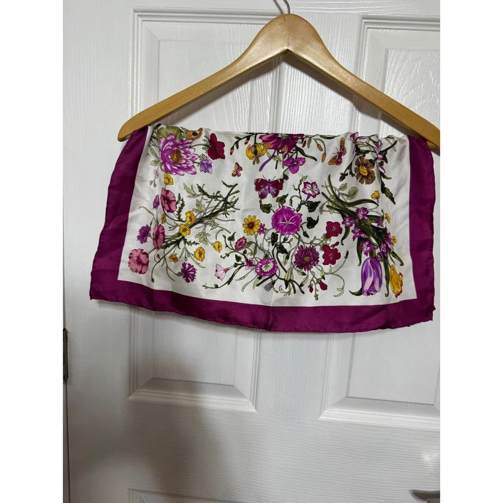 Vintage 100% Silk Floral Butterfly Scarf Magenta White Botanical Square Scarf